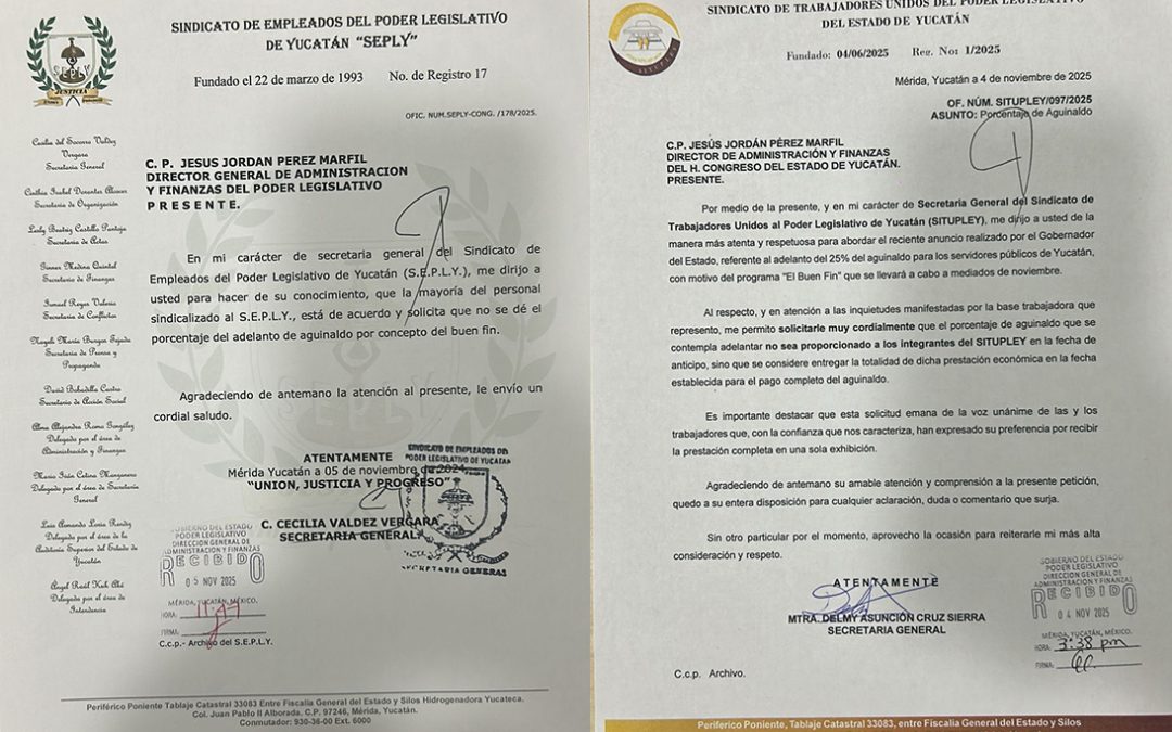Sindicatos del Congreso del Estado solicitaron entrega de aguinaldo en diciembre, con único pago