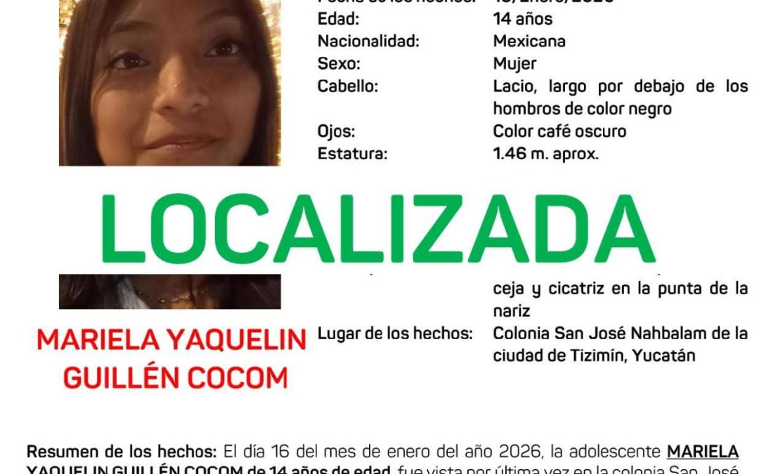 Localizan a adolescente desaparecida en Tizimín